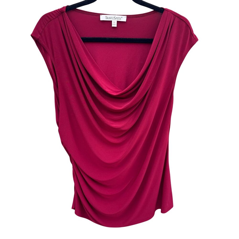 TravelSmith Drape Cowl Neck Ruched Minimalist Sleeveless Blouse Red Women L